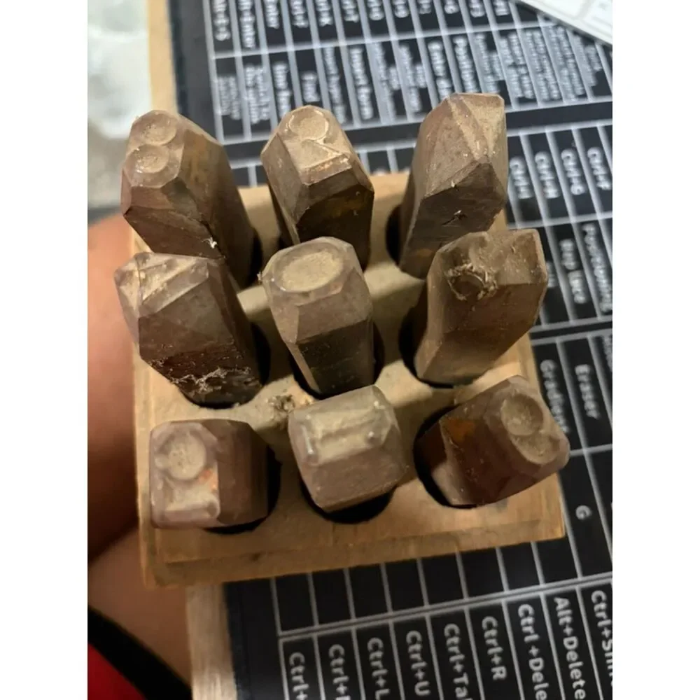 vtg. 9 pc steel number punch set with wooden block holder